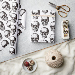 Zwart-wit Schedelpatroon Halloween Cadeaupapier