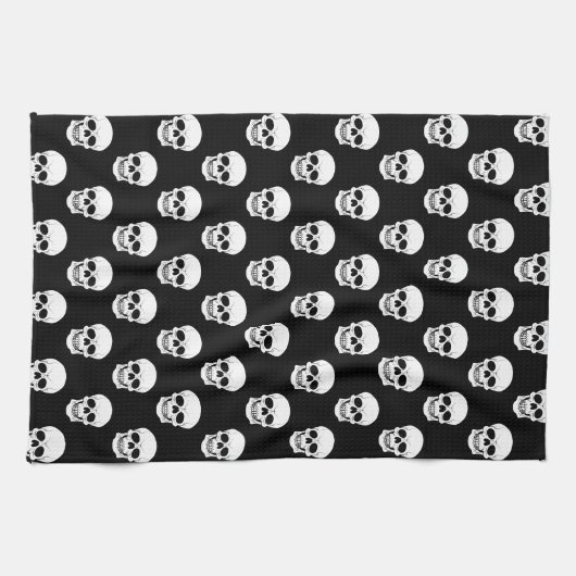 Zwart-wit schedelpatroon Minimal Halloween Theedoek (Horizontaal)