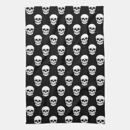 Zwart-wit schedelpatroon Minimal Halloween Theedoek (Verticaal)