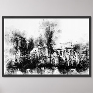 Zwart-wit schilderij van de Notre Dame Foto Afdruk