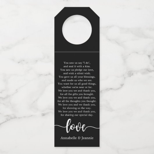 Zwart-wit script Dank je gedicht huwelijk Flessenhanger (Achterkant)