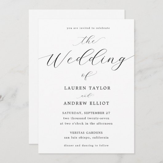 Zwart-wit Script Elegante moderne bruiloft Kaart (Voorkant / Achterkant)