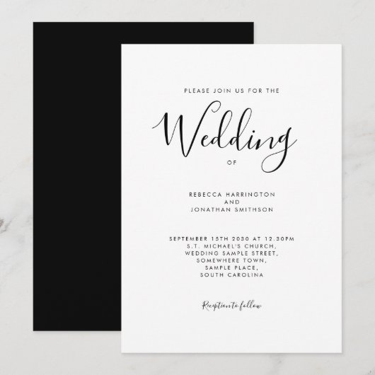 Zwart Wit Script Font Wedding Kaart (Voorkant / Achterkant)