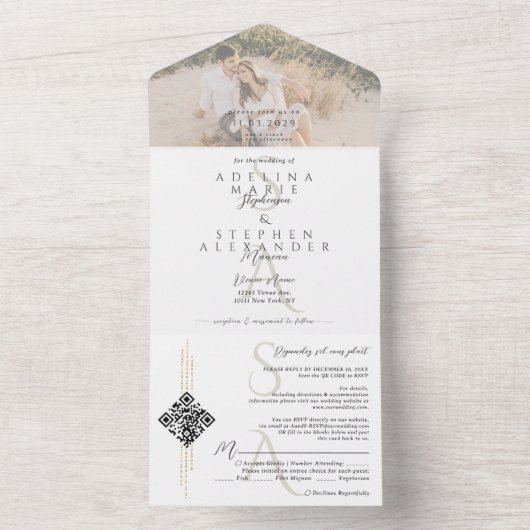 Zwart & Wit Script Hedendaagse Monogram bruiloft All In One Uitnodiging (Binnen)