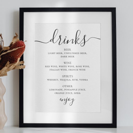 Zwart-wit script huwelijksdrankjes bar menu poster