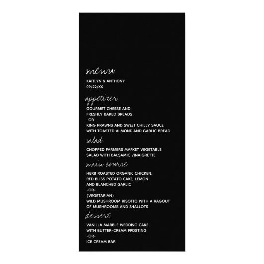 Zwart-wit script Minimalistisch huwelijksmenu Reclamekaart (Voorkant)