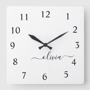Zwart Wit Script Monogram Girly Naam Vierkante Klok