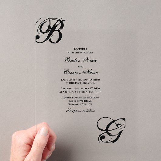 Zwart & Wit Script Monogram Trouwen Acryl Uitnodigingen (Insitu (Draagbaar))