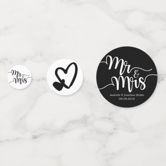 Zwart-wit script Mr. en Mrs. Hearts bruiloft Confetti (Achterkanten)