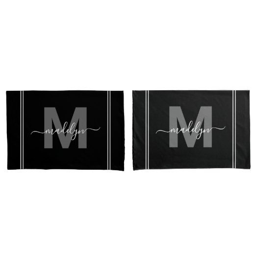 Zwart Wit Script Naam Monogram Kussensloop (Voorkant-Set)