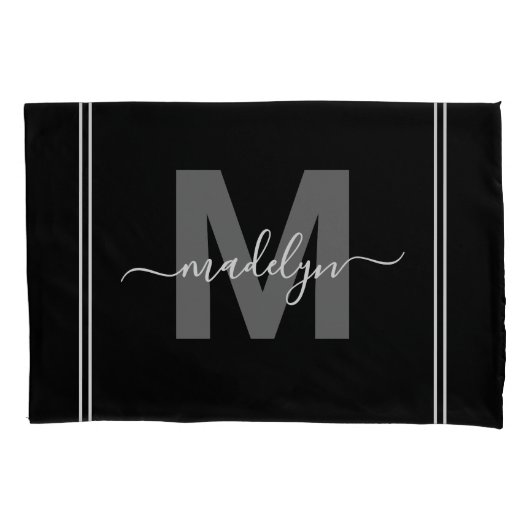 Zwart Wit Script Naam Monogram Kussensloop (Voorkant-Links)