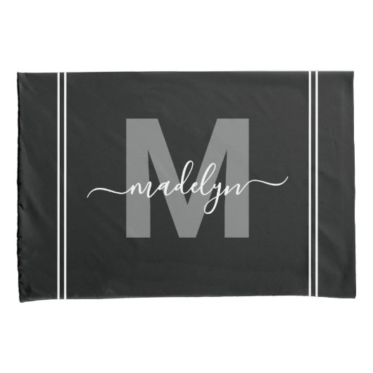 Zwart Wit Script Naam Monogram Kussensloop (Voorkant-Rechts)