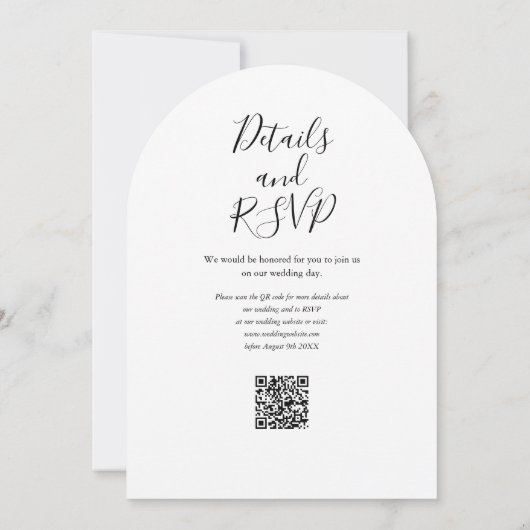 Zwart-wit script QR Code Arch Wedding Kaart (Achterkant)