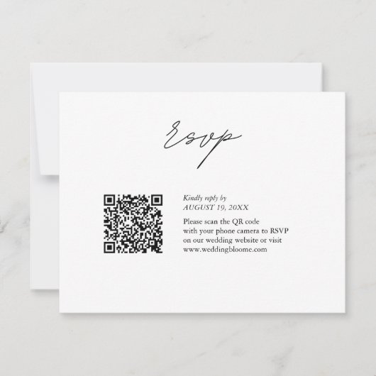 Zwart-wit script QR code bruiloft RSVP Kaartje (Voorkant)