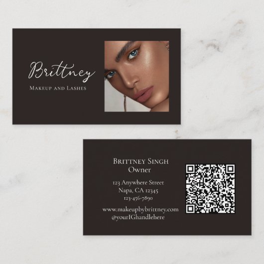 Zwart Wit Script QR Code Foto Make-up Visitekaartje (Voorkant / Achterkant)