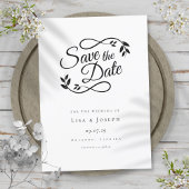 Zwart-wit script save the date bruiloft kaart