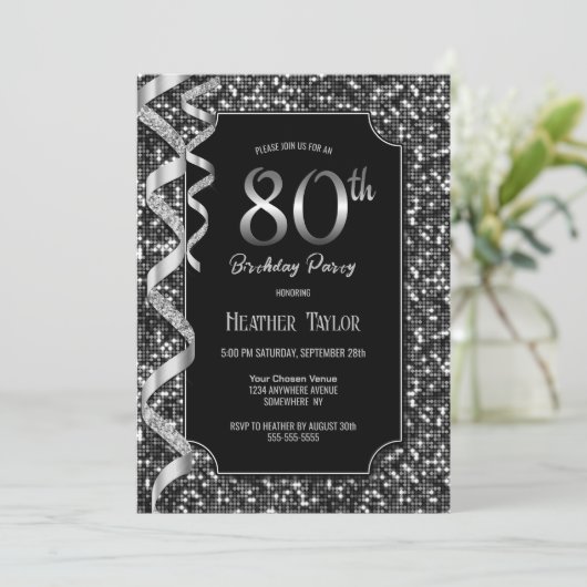 Zwart Wit Sequins 80e Verjaardagsfeest Kaart (Staand voorkant)