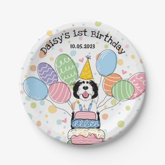 Zwart & Wit Sheepadoodle Hond Verjaardag Papieren Bordje (Voorkant)