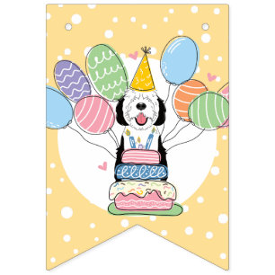 Zwart & Wit Sheepadoodle Hond Verjaardagsfeest Vlaggetjes
