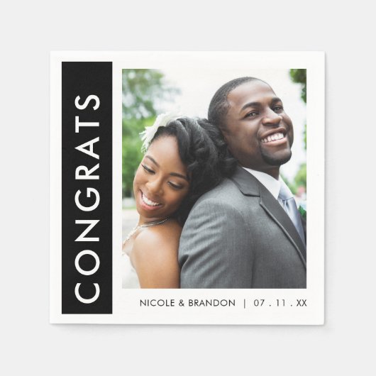 Zwart & Wit Side Stripe Foto Gefeliciteerd Bruilof Servet (Voorkant)