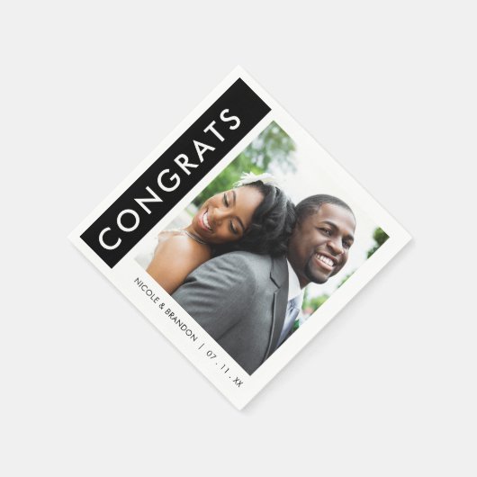 Zwart & Wit Side Stripe Foto Gefeliciteerd Bruilof Servet (Hoek)