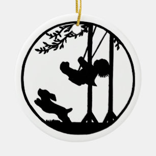 Zwart-wit silhouet, jongen, zwaai, hond keramisch ornament