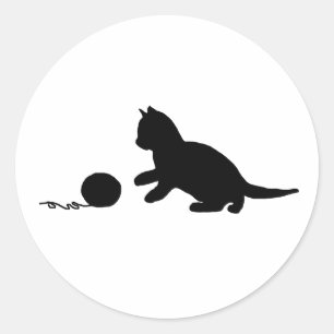 Zwart-wit Silhouette Yarn en kat Ronde Sticker