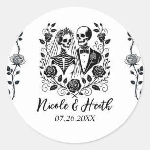 Zwart Wit Skelet Bloemen Roos Wijnstok Wedding Ronde Sticker