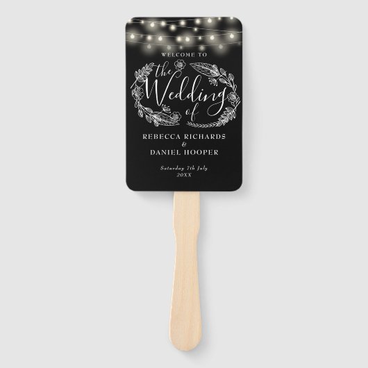 Zwart-Wit Slingerlicht Bruiloftsprogramma Handwaaier (Voorkant)