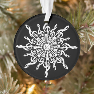 Zwart-wit Sneeuwvlok Muzieknoten Monogram Ornament