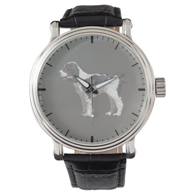 Zwart-wit Spaniël Horloge (Voorkant)