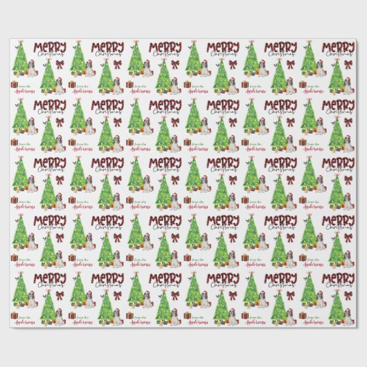 Zwart-wit spaniel, vogel en kerstboom cadeaupapier (Vlak)