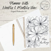 Zwart-wit speelse bloemen en bladeren ontwerp planner