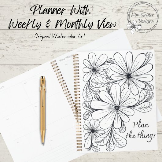 Zwart-wit speelse bloemen en bladeren ontwerp planner