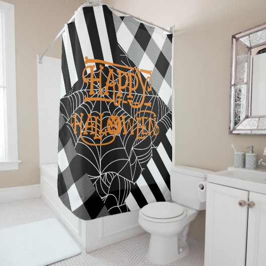Zwart & Wit Spinnenweb Patchwork Halloween Douchegordijn (In situ)