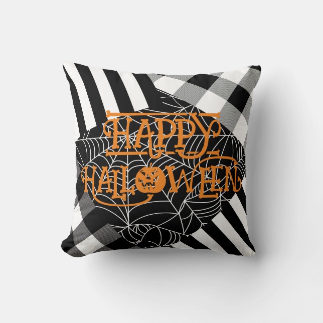 Zwart & Wit Spinnenweb Patchwork Halloween Kussen (Voorkant)