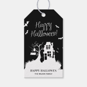 Zwart-Wit Spokenhuis Halloweenfeest Cadeaulabel