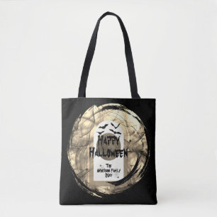 Zwart-wit Spoky Bats Moon Happy Halloween Draagtas