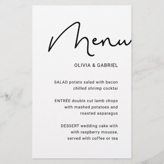 Zwart wit stijlvol script minimalistisch trouwmenu (Voorkant)