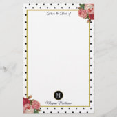 Zwart Wit Stippen Bloemen Monogram Naam Briefpapier (Voorkant)
