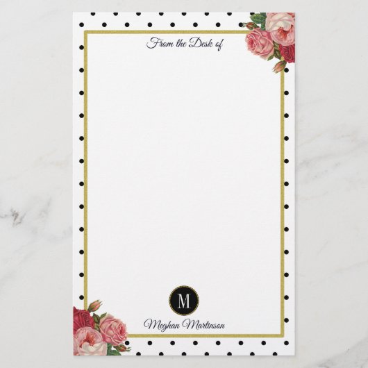 Zwart Wit Stippen Bloemen Monogram Naam Briefpapier (Voorkant)