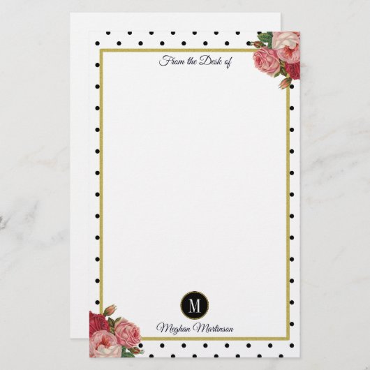 Zwart Wit Stippen Bloemen Monogram Naam Briefpapier (Voorkant / Achterkant)