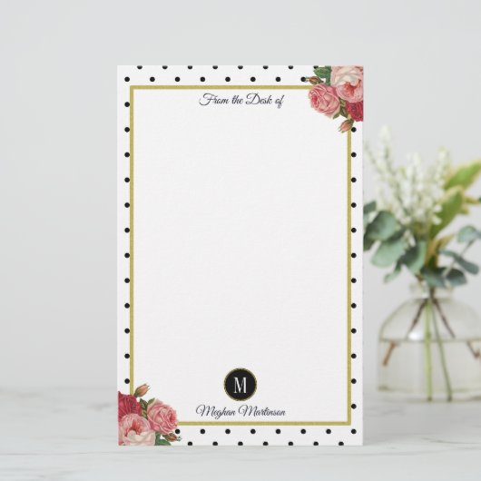 Zwart Wit Stippen Bloemen Monogram Naam Briefpapier (Staand voorkant)