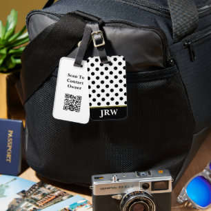 Zwart-wit Stippen Patroon Monogram QR-code Bagagelabel