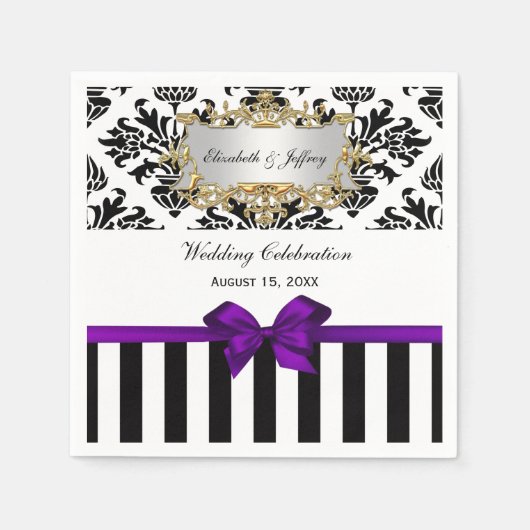 Zwart Wit Streep Damast Paars Lint Servetten (Voorkant)