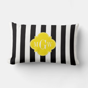 Zwart Wit Streep Fel Geel Quatrefoil 3 Monogram Kussen