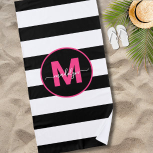 Zwart Wit Streep Hot Roze Naam Monogram Strandlaken