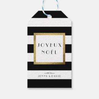 Zwart-wit streep "Joyeux Noël" Kerstvakantie Cadeaulabel