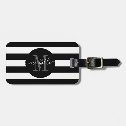 Zwart Wit Streep Monogram Girly Script Cirkel Bagagelabel (Voorkant horizontaal)