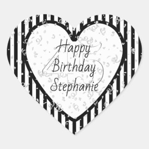 Zwart-wit streep patroon Gelukkige Verjaardag Hart Sticker